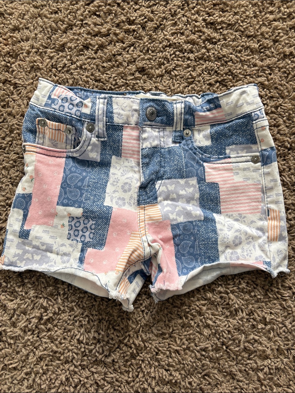 Levi's Patchwork Denim Shorts in Blue, Pink & Cream
